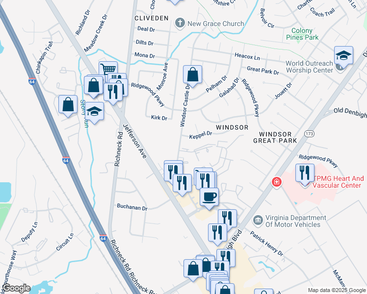 map of restaurants, bars, coffee shops, grocery stores, and more near 116 Treeland Court in Newport News
