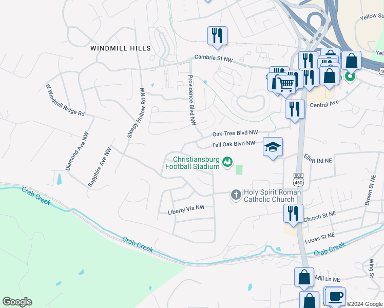 map of restaurants, bars, coffee shops, grocery stores, and more near 375 Gold Leaf Drive in Christiansburg