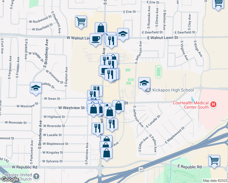 map of restaurants, bars, coffee shops, grocery stores, and more near 3700 South Campbell Avenue in Springfield