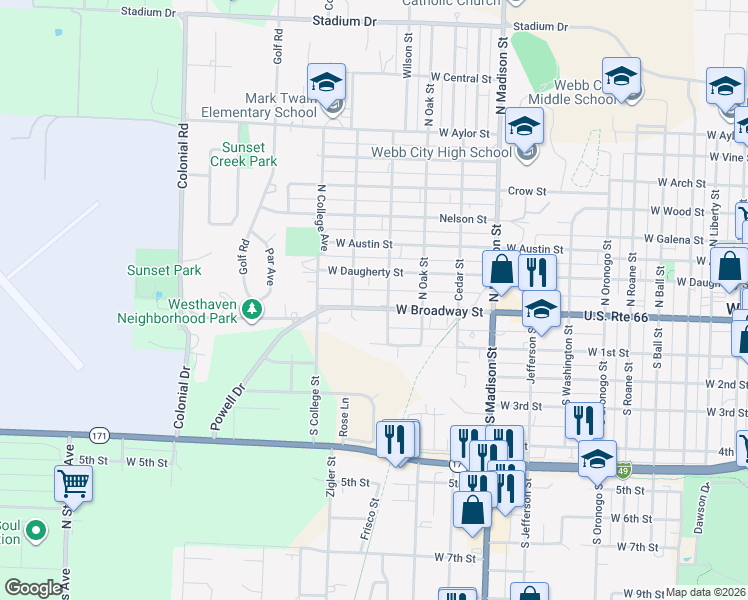 map of restaurants, bars, coffee shops, grocery stores, and more near 101-199 N Ash Ave in Webb City