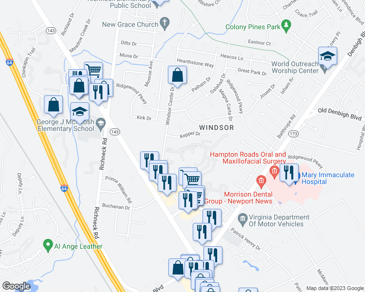 map of restaurants, bars, coffee shops, grocery stores, and more near 121 Windsor Pines Way in Newport News