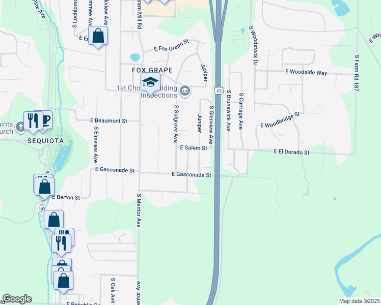 map of restaurants, bars, coffee shops, grocery stores, and more near 3545 Juniper in Springfield