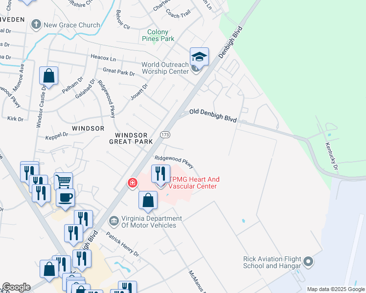 map of restaurants, bars, coffee shops, grocery stores, and more near 860 Denbigh Boulevard in Newport News