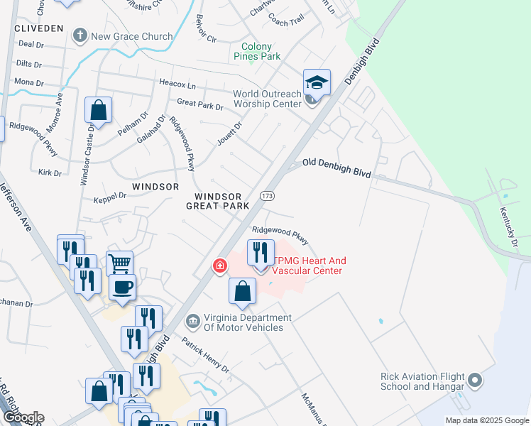 map of restaurants, bars, coffee shops, grocery stores, and more near 12756 Saint James Place in Newport News