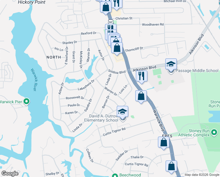 map of restaurants, bars, coffee shops, grocery stores, and more near 11 Linda Drive in Newport News
