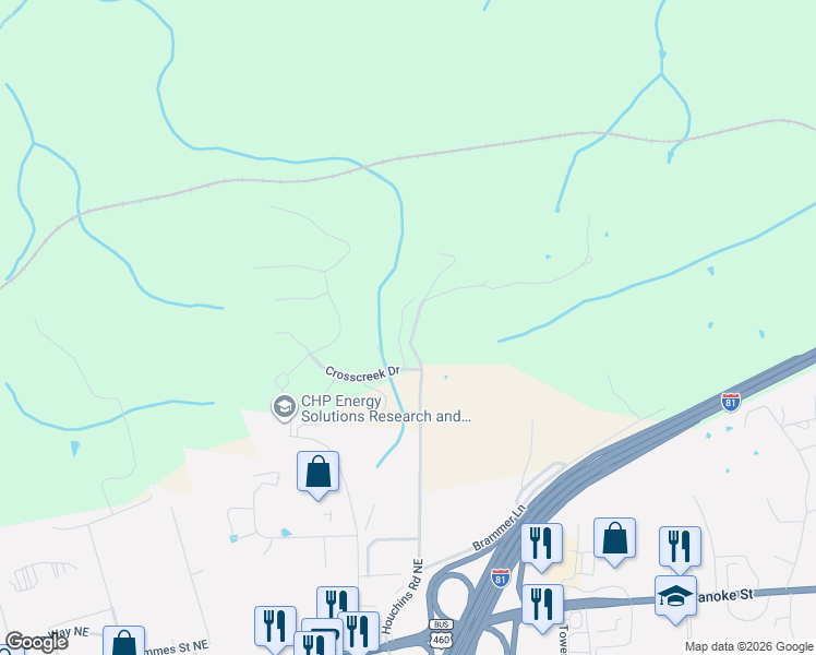 map of restaurants, bars, coffee shops, grocery stores, and more near 1055 Green Ridge Road in Christiansburg
