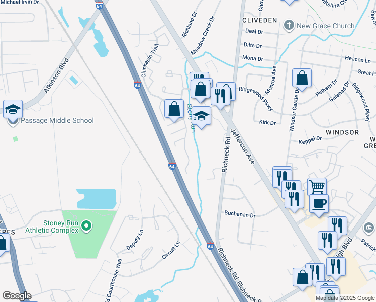 map of restaurants, bars, coffee shops, grocery stores, and more near 474 Charter Oak Drive in Newport News