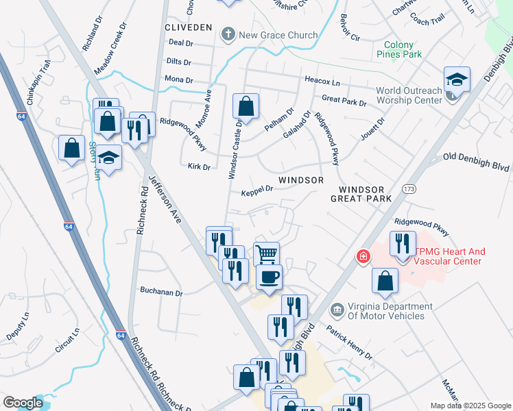 map of restaurants, bars, coffee shops, grocery stores, and more near 121 Windsor Pines Way in Newport News