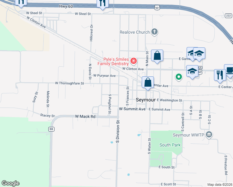 map of restaurants, bars, coffee shops, grocery stores, and more near 103 South Division Street in Seymour