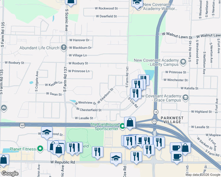 map of restaurants, bars, coffee shops, grocery stores, and more near 2321 West Dearborn Street in Springfield
