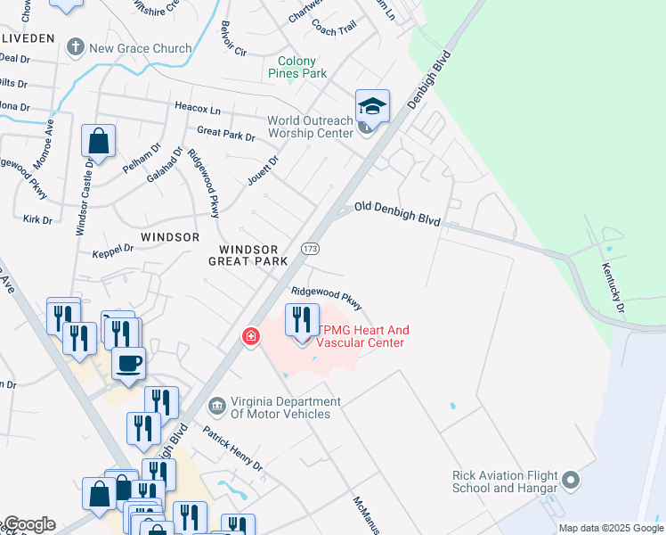 map of restaurants, bars, coffee shops, grocery stores, and more near 12760 Saint James Place in Newport News