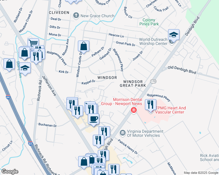 map of restaurants, bars, coffee shops, grocery stores, and more near 1433 Granada Court in Newport News