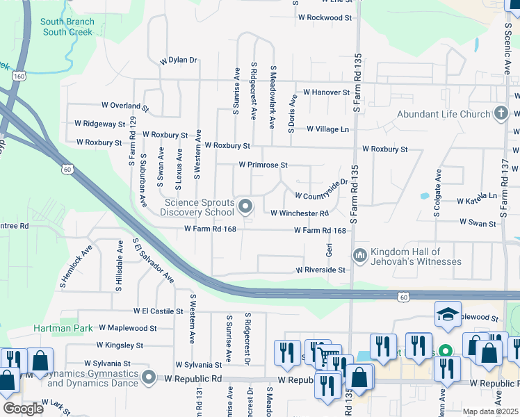 map of restaurants, bars, coffee shops, grocery stores, and more near 3725 South Beechwood Avenue in Springfield