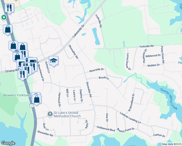 map of restaurants, bars, coffee shops, grocery stores, and more near 106 Riverside Drive in Yorktown