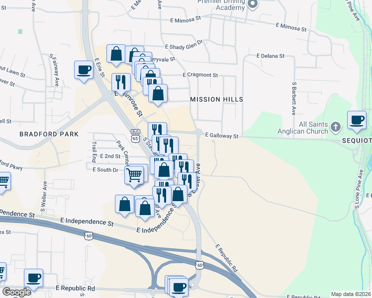 map of restaurants, bars, coffee shops, grocery stores, and more near in Springfield