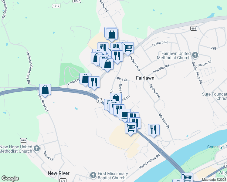 map of restaurants, bars, coffee shops, grocery stores, and more near 6016-6026 Belspring Road in Fairlawn