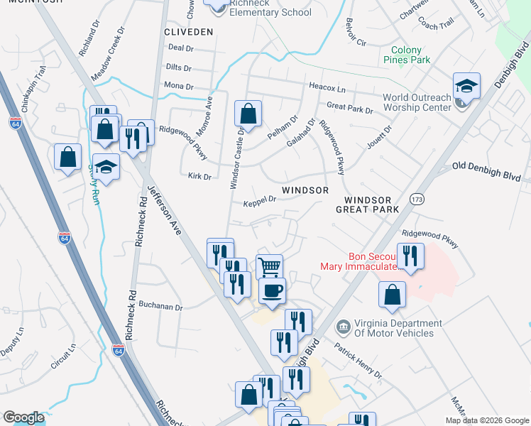 map of restaurants, bars, coffee shops, grocery stores, and more near 123 Windsor Pines Way in Newport News