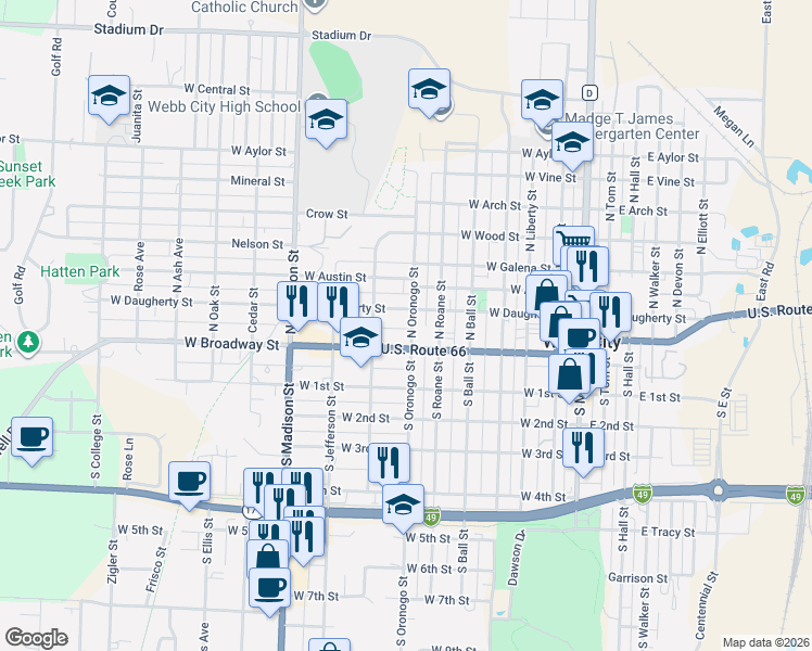 map of restaurants, bars, coffee shops, grocery stores, and more near 708 West Daugherty Street in Webb City