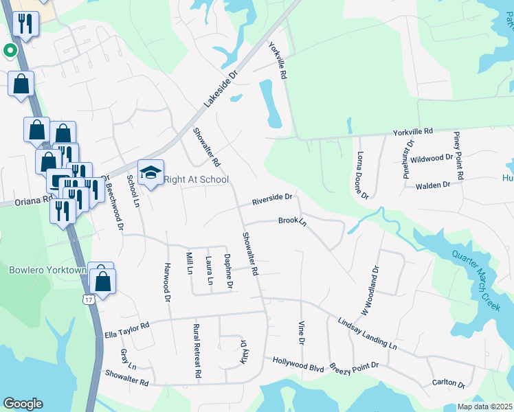 map of restaurants, bars, coffee shops, grocery stores, and more near 106 Riverside Drive in Yorktown