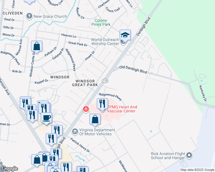 map of restaurants, bars, coffee shops, grocery stores, and more near 12756 Saint James Place in Newport News