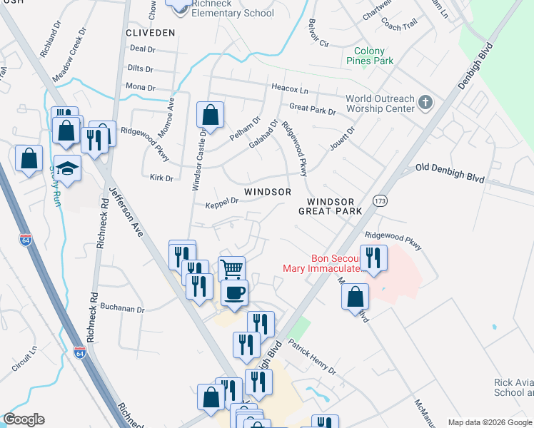 map of restaurants, bars, coffee shops, grocery stores, and more near 1374 Granada Court in Newport News