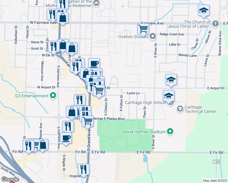 map of restaurants, bars, coffee shops, grocery stores, and more near 48 East Airport Drive in Carthage