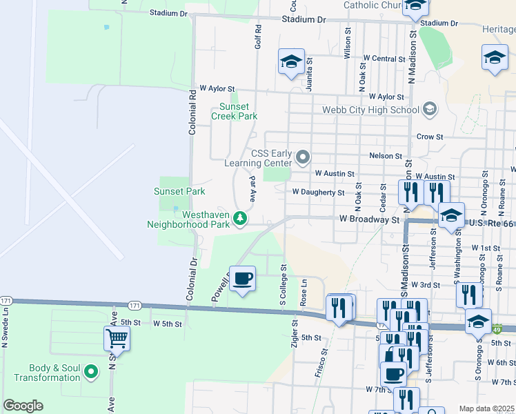 map of restaurants, bars, coffee shops, grocery stores, and more near 215 Par Avenue in Webb City