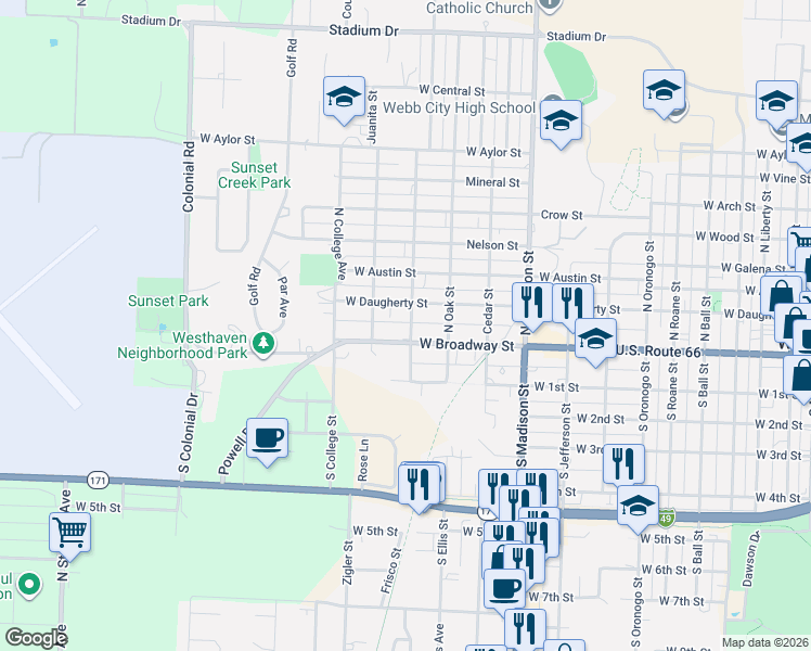 map of restaurants, bars, coffee shops, grocery stores, and more near 101-199 N Ash Ave in Webb City
