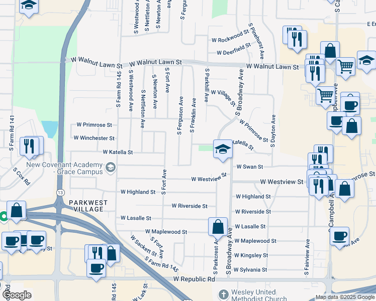 map of restaurants, bars, coffee shops, grocery stores, and more near 3660 South Ferguson Avenue in Springfield