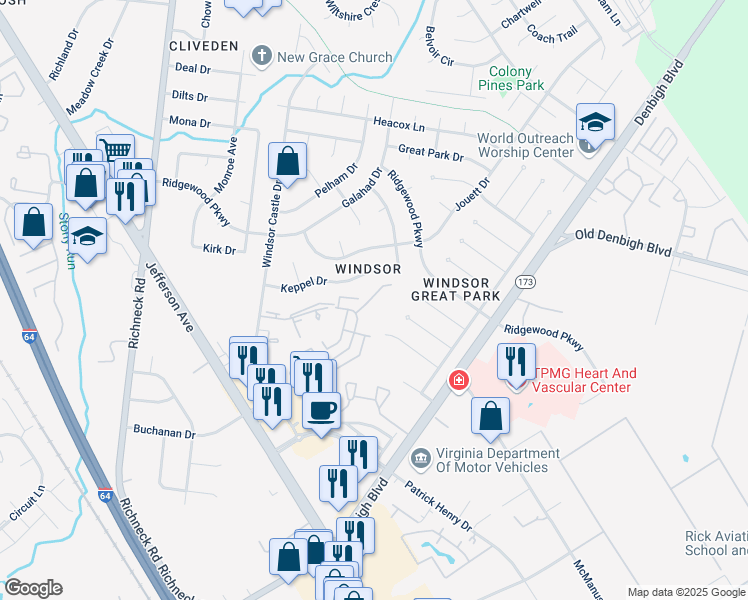 map of restaurants, bars, coffee shops, grocery stores, and more near 1435 Granada Court in Newport News