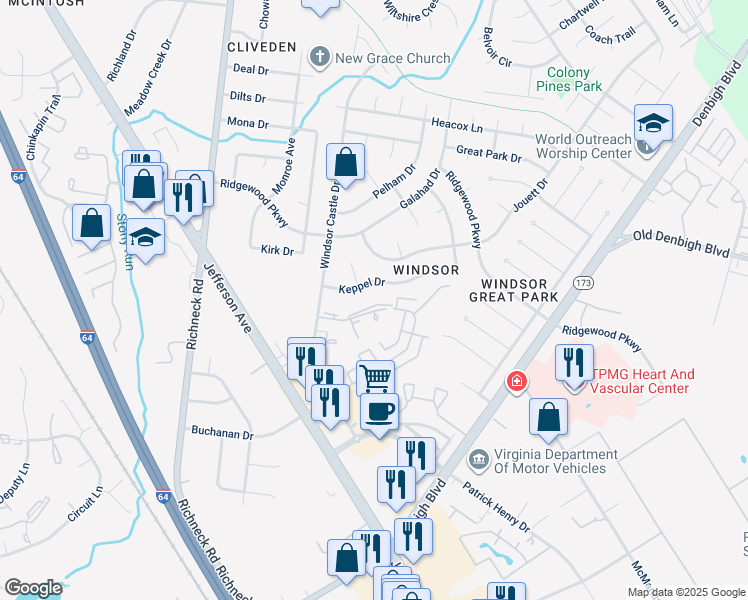map of restaurants, bars, coffee shops, grocery stores, and more near 123 Windsor Pines Way in Newport News