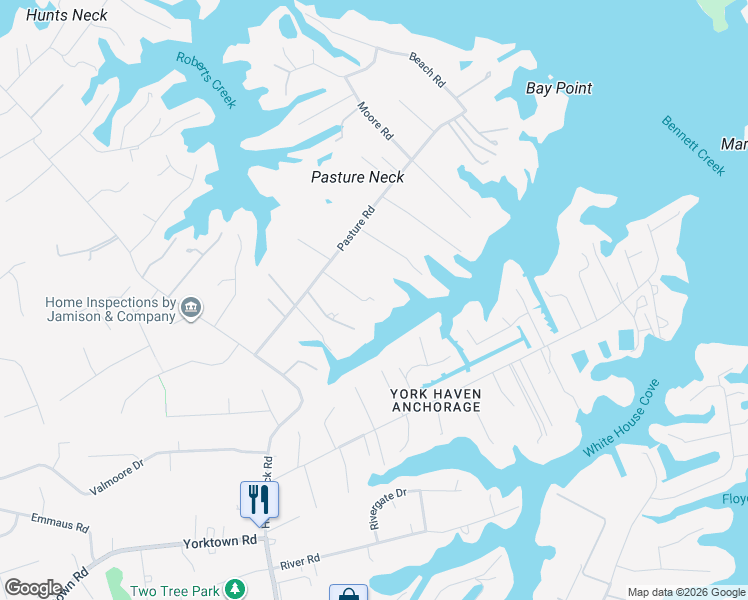 map of restaurants, bars, coffee shops, grocery stores, and more near 1 Lyons Creek Drive in Poquoson