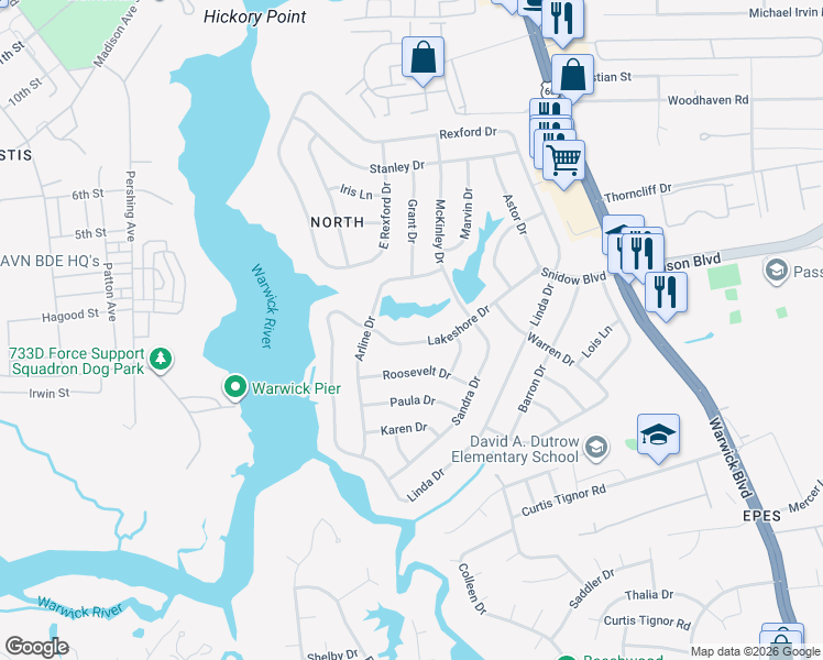 map of restaurants, bars, coffee shops, grocery stores, and more near 54 Lakeshore Drive in Newport News