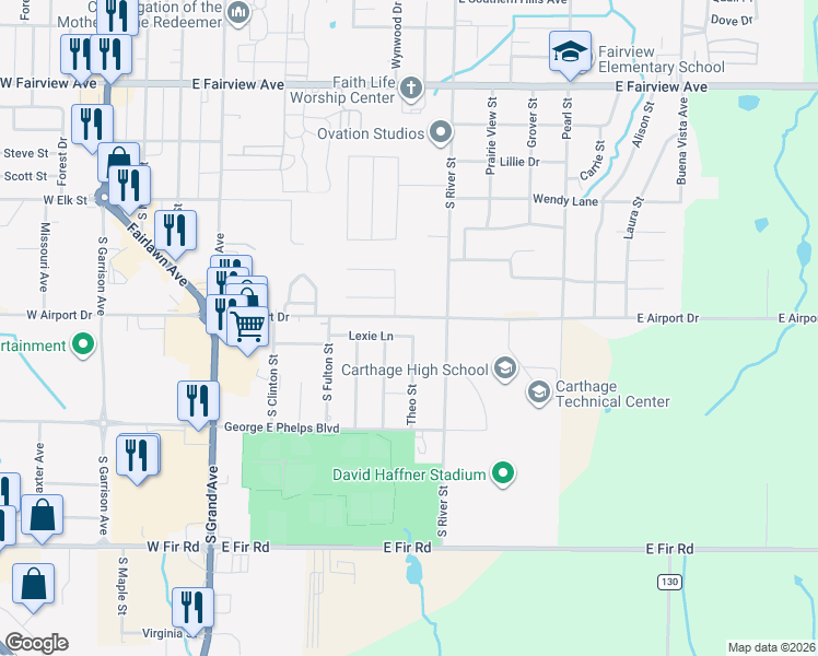 map of restaurants, bars, coffee shops, grocery stores, and more near 617-899 East Airport Drive in Carthage