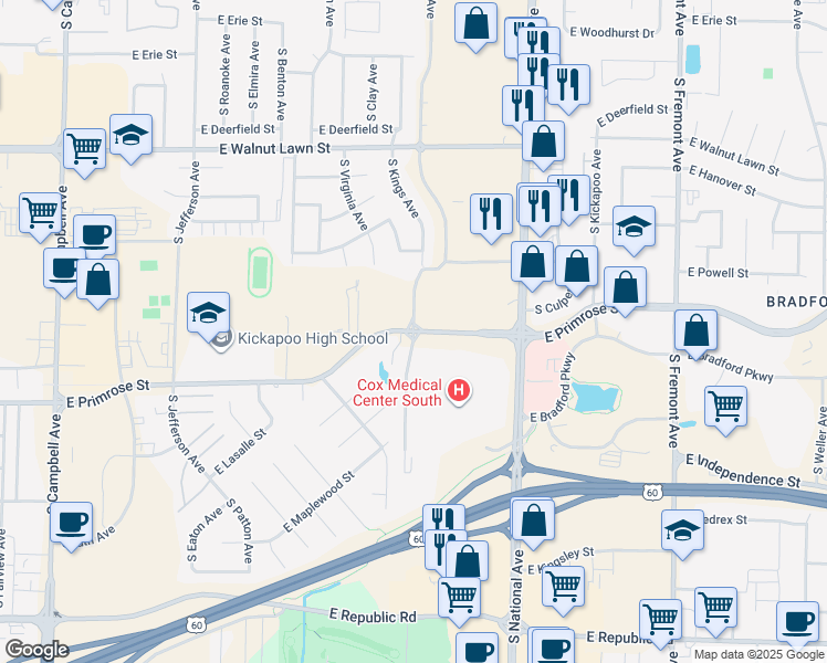 map of restaurants, bars, coffee shops, grocery stores, and more near 961 Primrose Street in Springfield