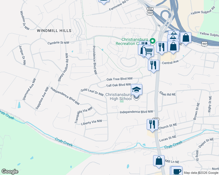 map of restaurants, bars, coffee shops, grocery stores, and more near 605 Tall Oak Boulevard Northwest in Christiansburg