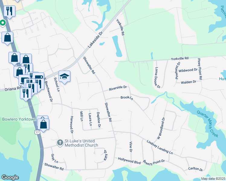 map of restaurants, bars, coffee shops, grocery stores, and more near 110 Riverside Drive in Yorktown