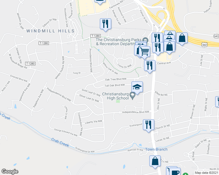 map of restaurants, bars, coffee shops, grocery stores, and more near 435 Tall Oak Boulevard Northwest in Christiansburg