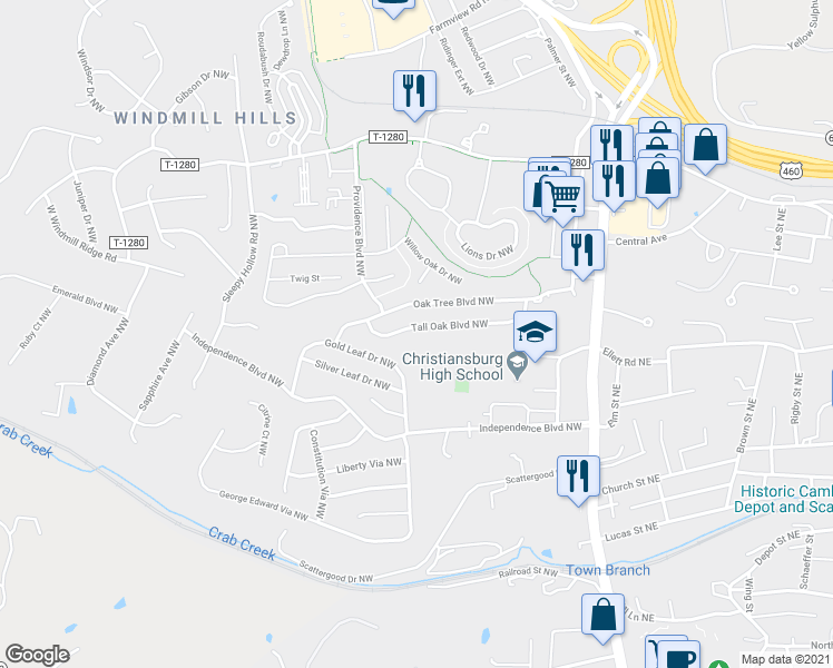 map of restaurants, bars, coffee shops, grocery stores, and more near 605 Tall Oak Boulevard Northwest in Christiansburg