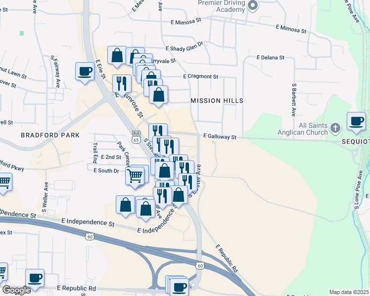 map of restaurants, bars, coffee shops, grocery stores, and more near in Springfield