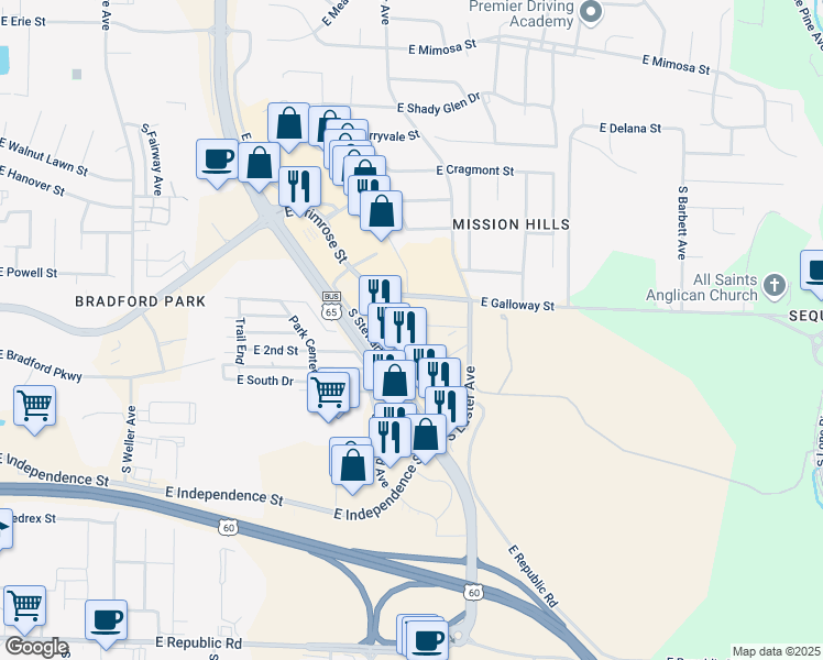 map of restaurants, bars, coffee shops, grocery stores, and more near 2127 East Macs Court in Springfield