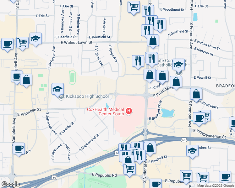 map of restaurants, bars, coffee shops, grocery stores, and more near 961 Primrose Street in Springfield