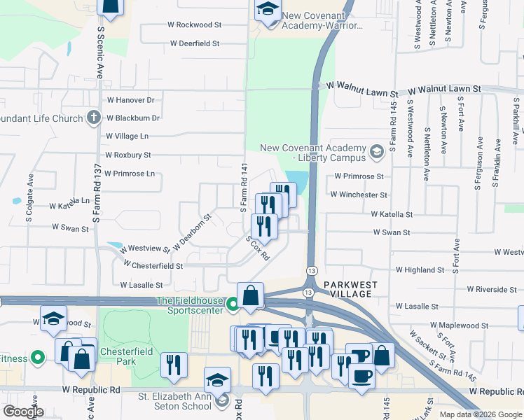 map of restaurants, bars, coffee shops, grocery stores, and more near in Springfield