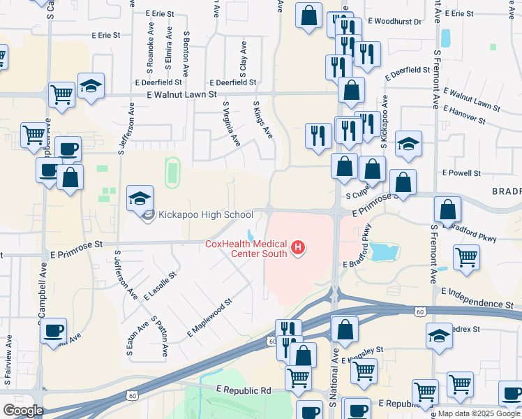 map of restaurants, bars, coffee shops, grocery stores, and more near 959 E Primrose St in Springfield