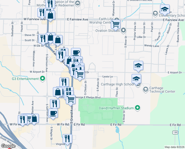map of restaurants, bars, coffee shops, grocery stores, and more near 520 East Airport Drive in Carthage