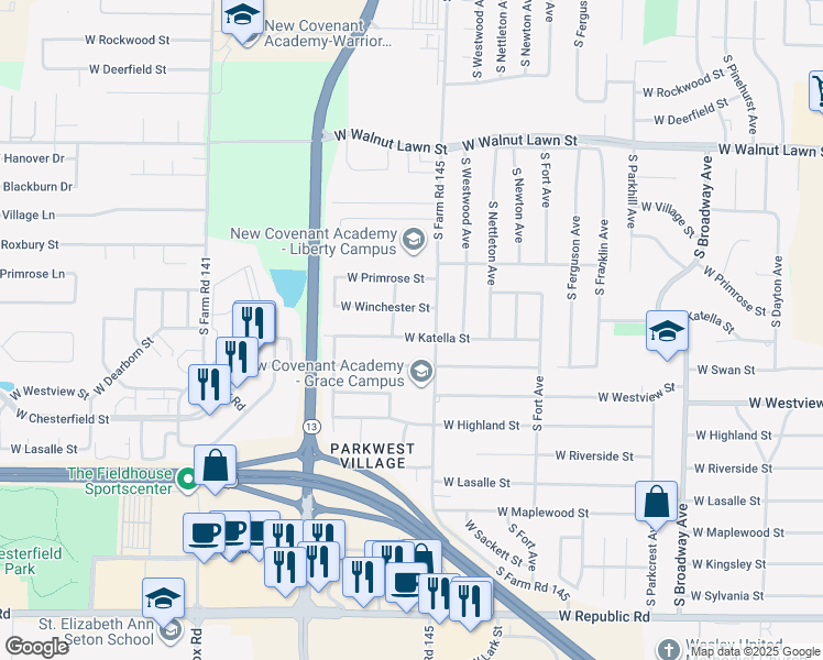 map of restaurants, bars, coffee shops, grocery stores, and more near 1629 West Katella Street in Springfield