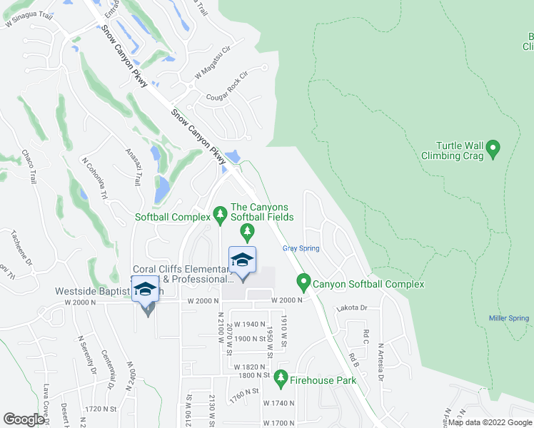 map of restaurants, bars, coffee shops, grocery stores, and more near Snow Canyon Parkway in Saint George