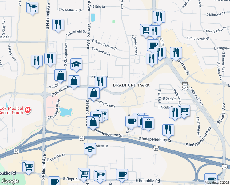 map of restaurants, bars, coffee shops, grocery stores, and more near in Springfield
