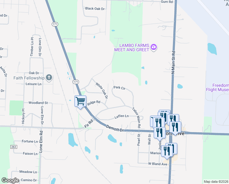 map of restaurants, bars, coffee shops, grocery stores, and more near 6654 Park Circle in Joplin
