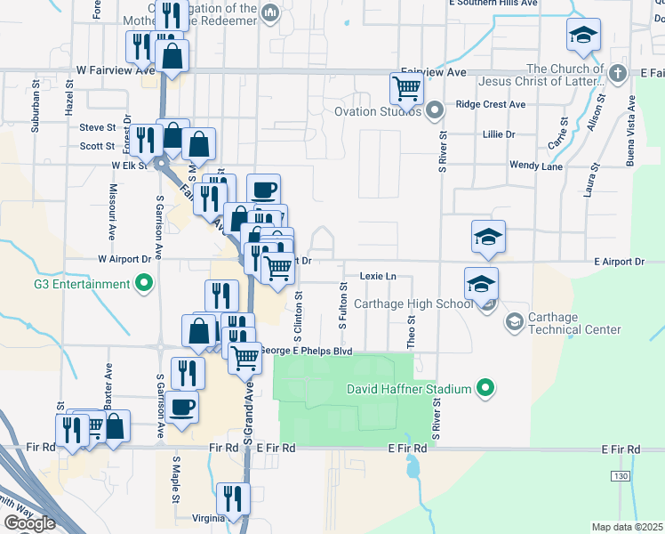 map of restaurants, bars, coffee shops, grocery stores, and more near 48 East Airport Drive in Carthage